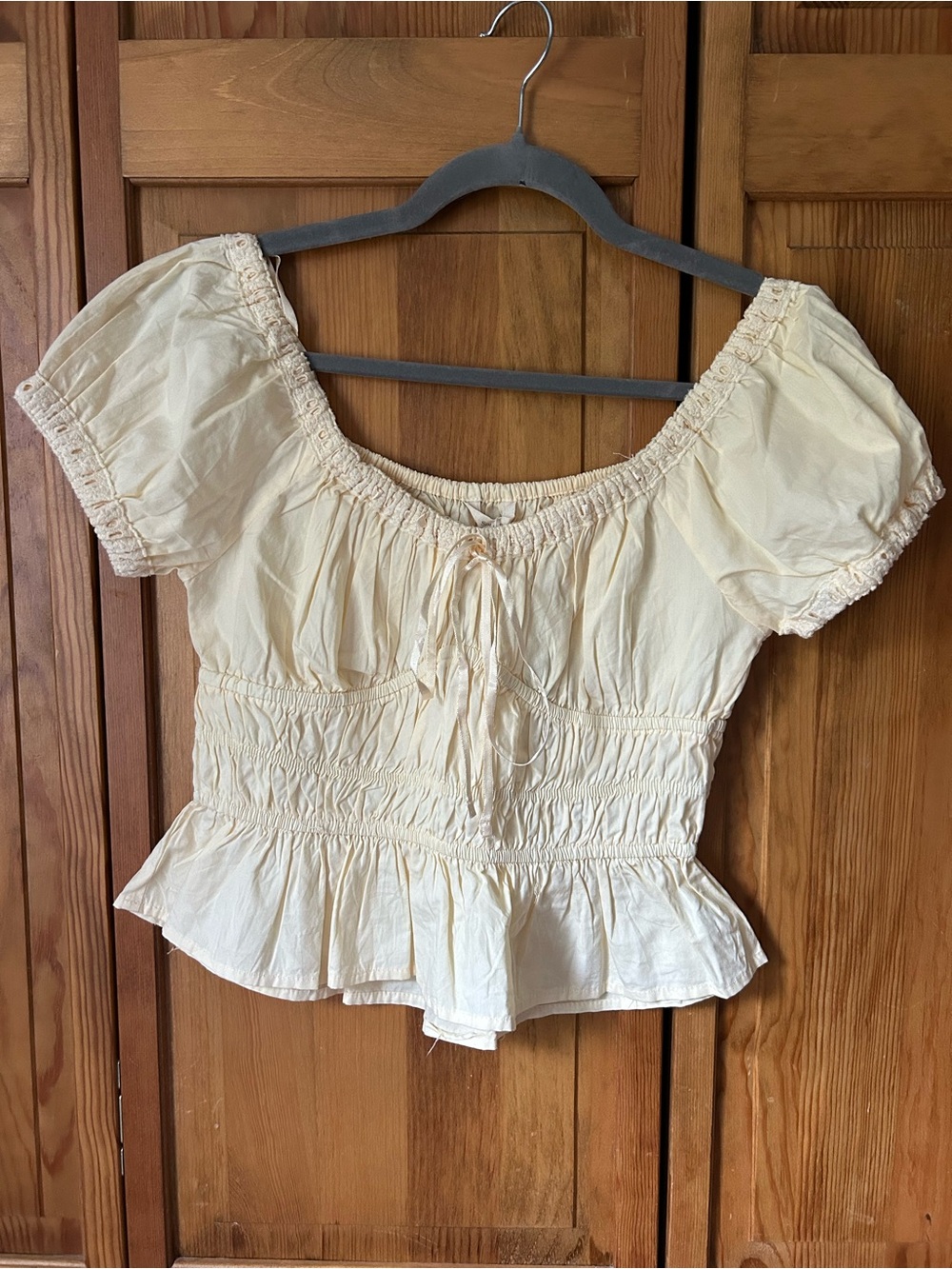 Smocked Light Yellow Peplum Blouse with Puff Sleeves